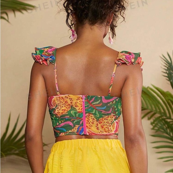SHEIN TRVLCHIC Tropical Print Ruffle Trim Ruched Bustier Zip Crop Top BRAND NEW - Picture 3 of 3